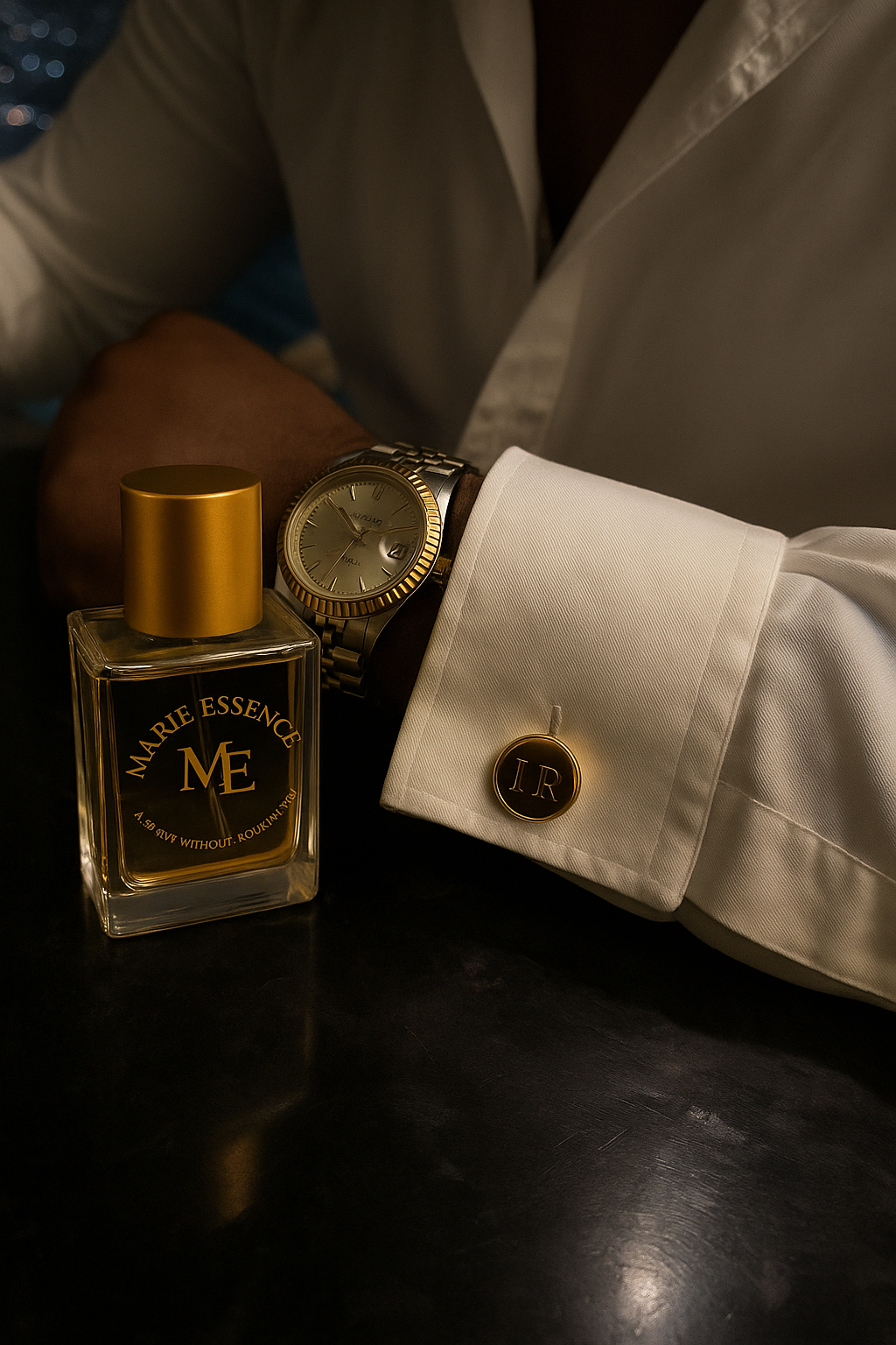 A man’s wrist with a gold watch and cufflinks next to a gold-capped Marie Essence perfume bottle.